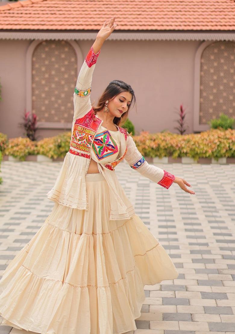 Off White Gamthi Work Cotton Lehenga Set - Indya