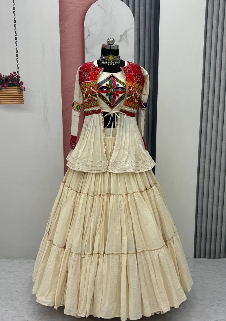Off White Gamthi Work Cotton Lehenga Set - Indya
