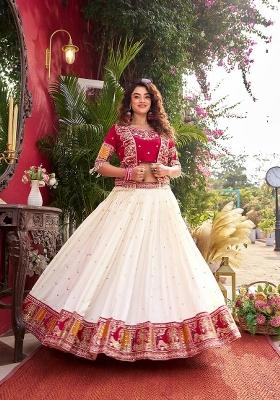 Red Embroidered Vichitra Lehenga Set