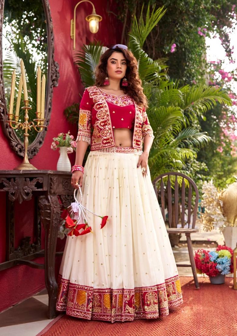 Red Embroidered Vichitra Lehenga Set - Indya