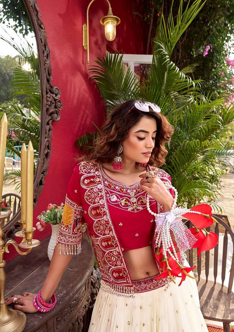 Red Vichitra Lehenga Set with Embroidered for Diwali | Wedding & Festive Wear - Indya
