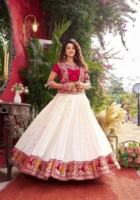 Red Embroidered Vichitra Lehenga Set