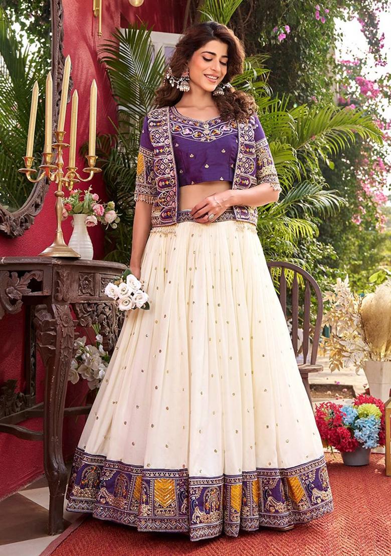 Purple Embroidered Vichitra Lehenga Set - Indya