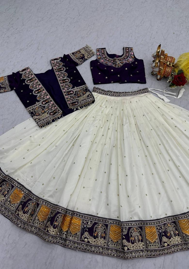 Purple Embroidered Vichitra Lehenga Set - Indya