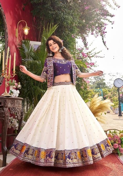 Purple Embroidered Vichitra Lehenga Set
