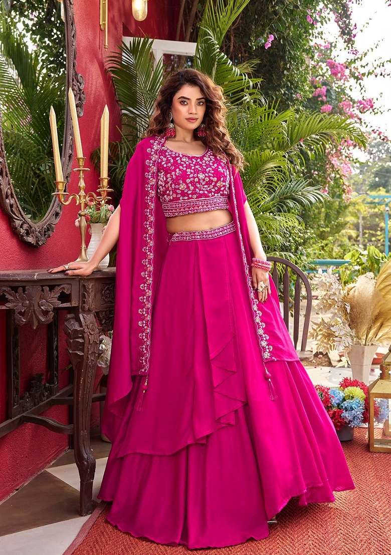 Pink Sequin Work Silk Lehenga Set - Indya