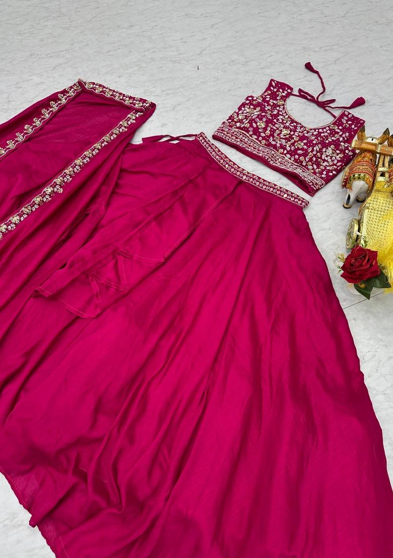 Pink Sequin Work Silk Lehenga Set - Indya