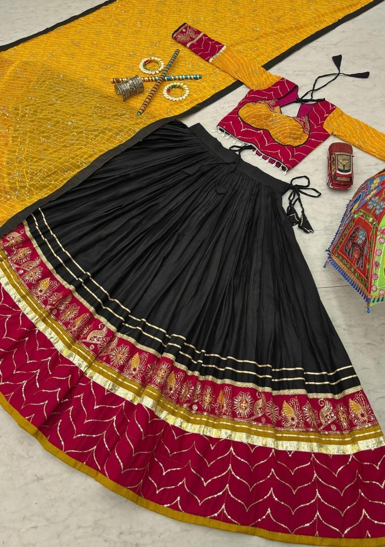 Black Sequin Work Cotton Lehenga Set - Indya
