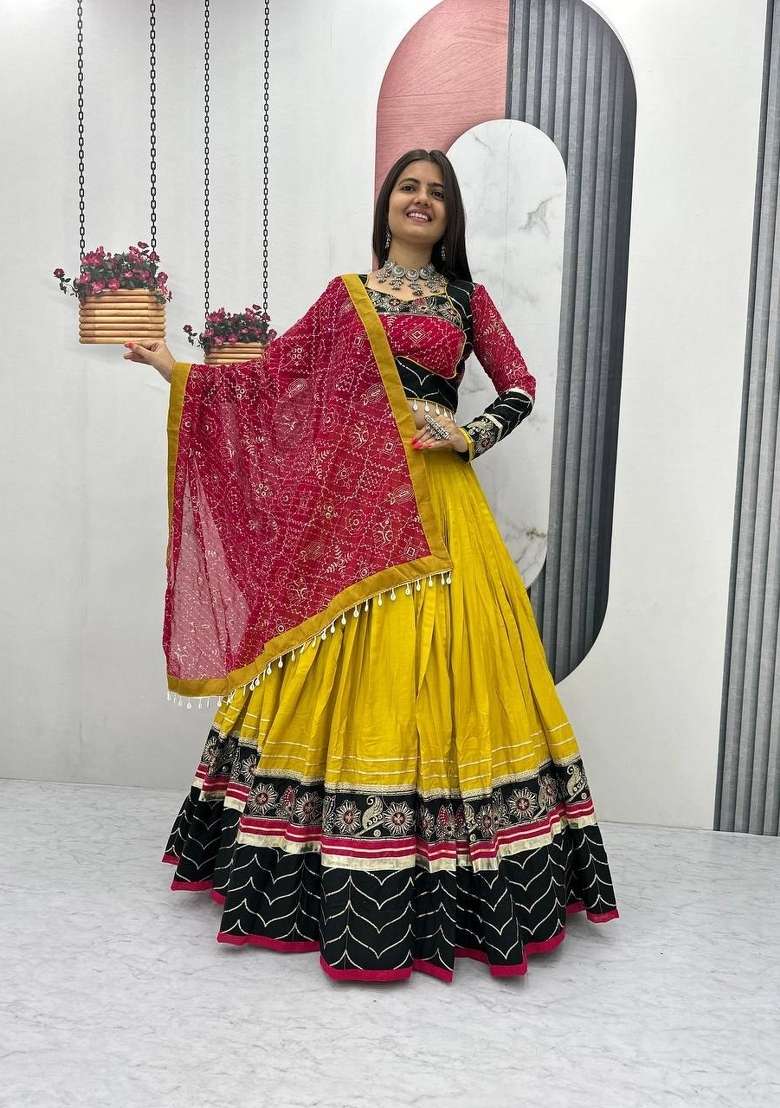Yellow Sequin Work Cotton Chaniya Choli Set For Navratri And Garba for Diwali | Wedding & Festive Wear - Indya