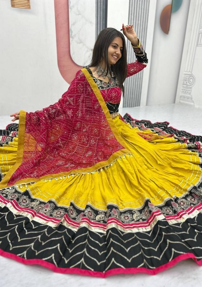 Yellow Sequin Work Cotton Lehenga Set - Indya