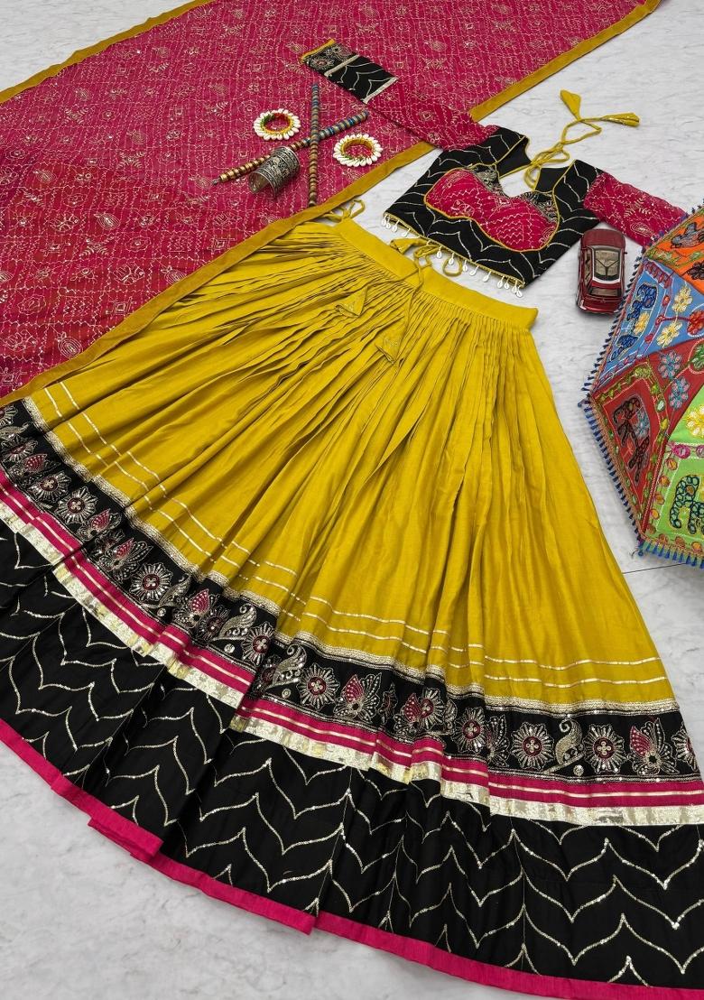 Yellow Sequin Work Cotton Lehenga Set - Indya