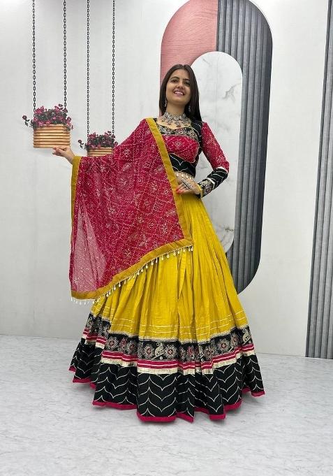 Yellow Sequin Work Cotton Chaniya Choli Set For Navratri And Garba