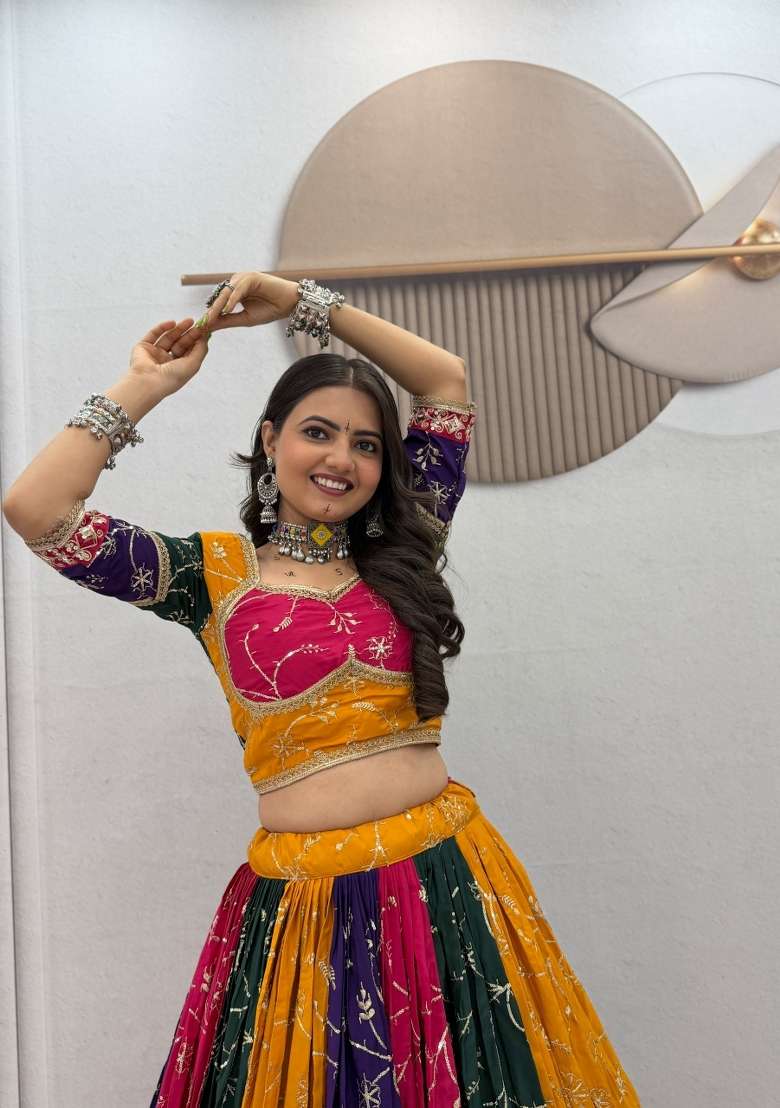 Multicolor Sequin Work Silk Chaniya Choli Set For Navratri And Garba for Diwali | Wedding & Festive Wear - Indya