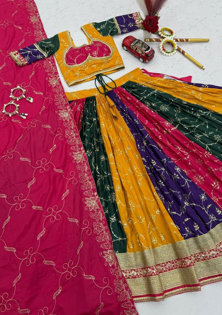 Multicolor Sequin Work Silk Lehenga Set - Indya