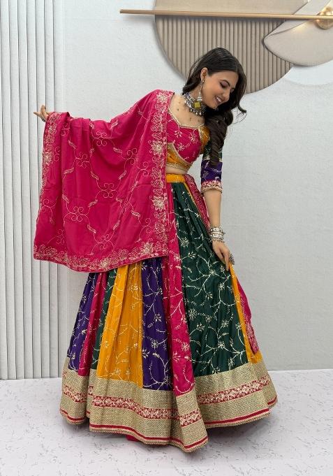 Multicolor Sequin Work Silk Chaniya Choli Set For Navratri And Garba