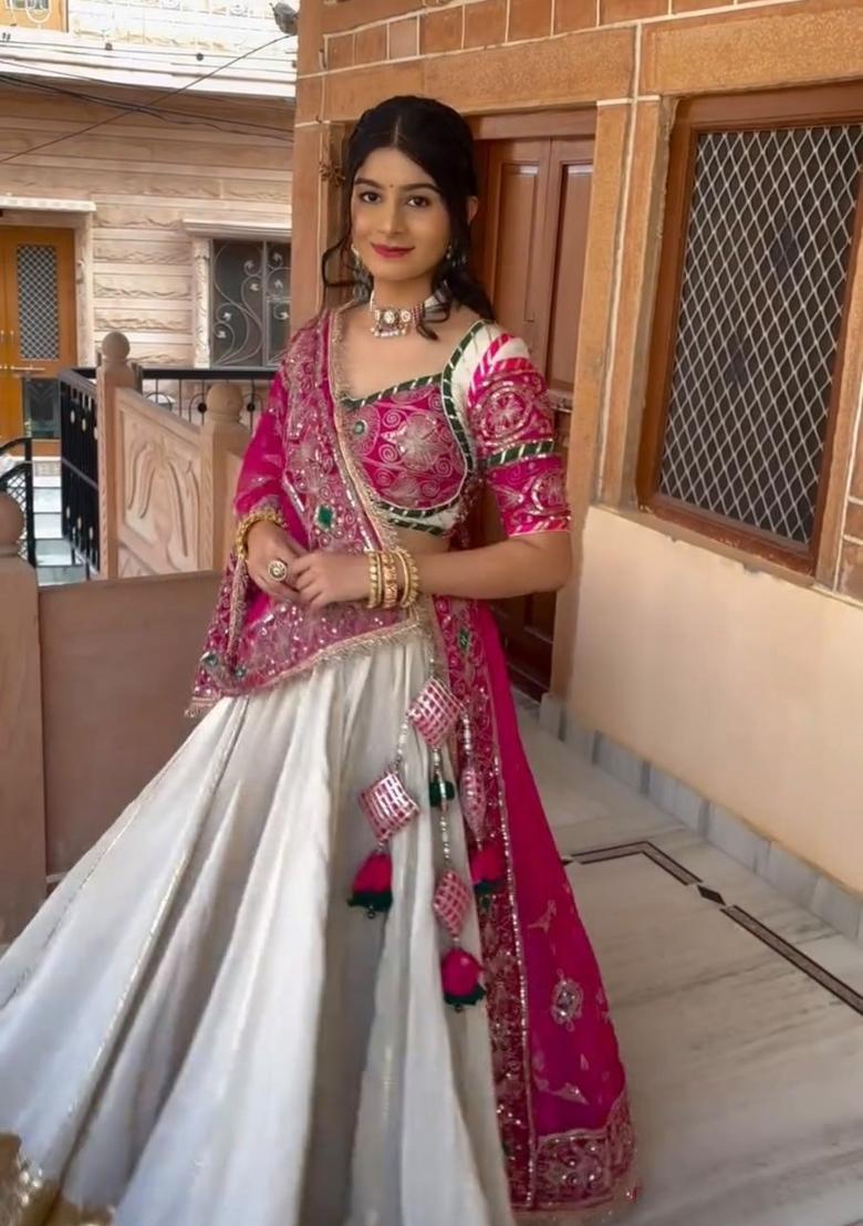 Pink And White Embroidered Silk Lehenga Set - Indya