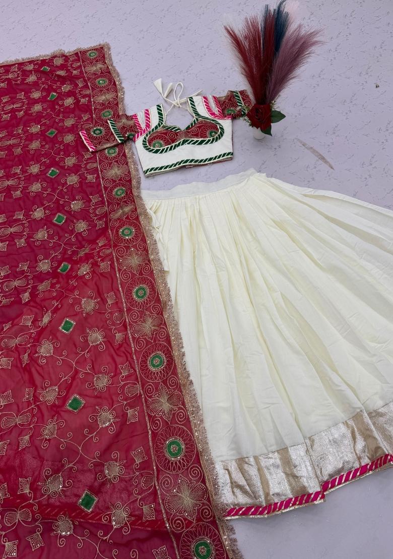 Pink And White Embroidered Silk Lehenga Set - Indya
