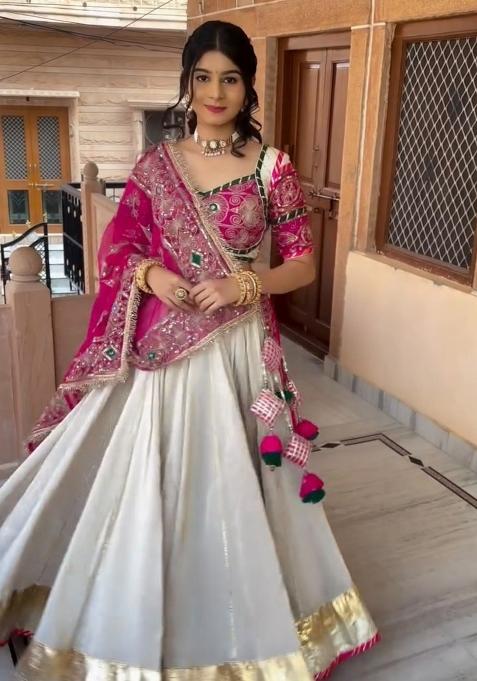 Pink And White Embroidered Silk Chaniya Choli Set For Navratri And Garba