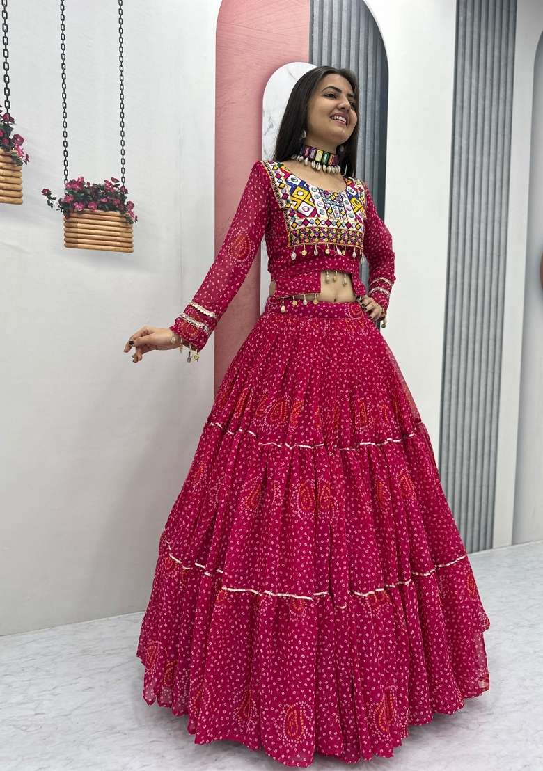 Pink Embroidered Georgette Chaniya Choli Set For Navratri And Garba - Indya