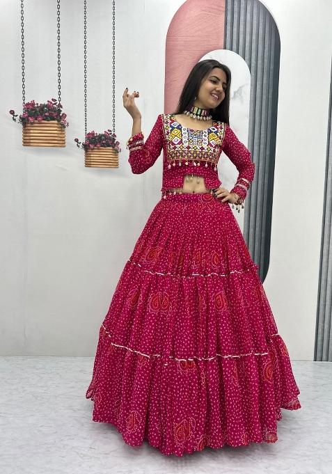 Pink Embroidered Georgette Chaniya Choli Set For Navratri And Garba