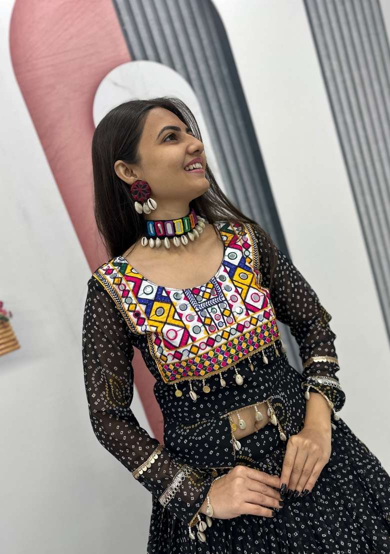 Black Embroidered Georgette Chaniya Choli Set For Navratri And Garba - Indya