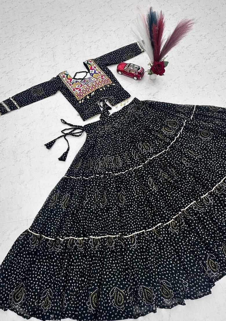 Black Embroidered Georgette Lehenga Set - Indya