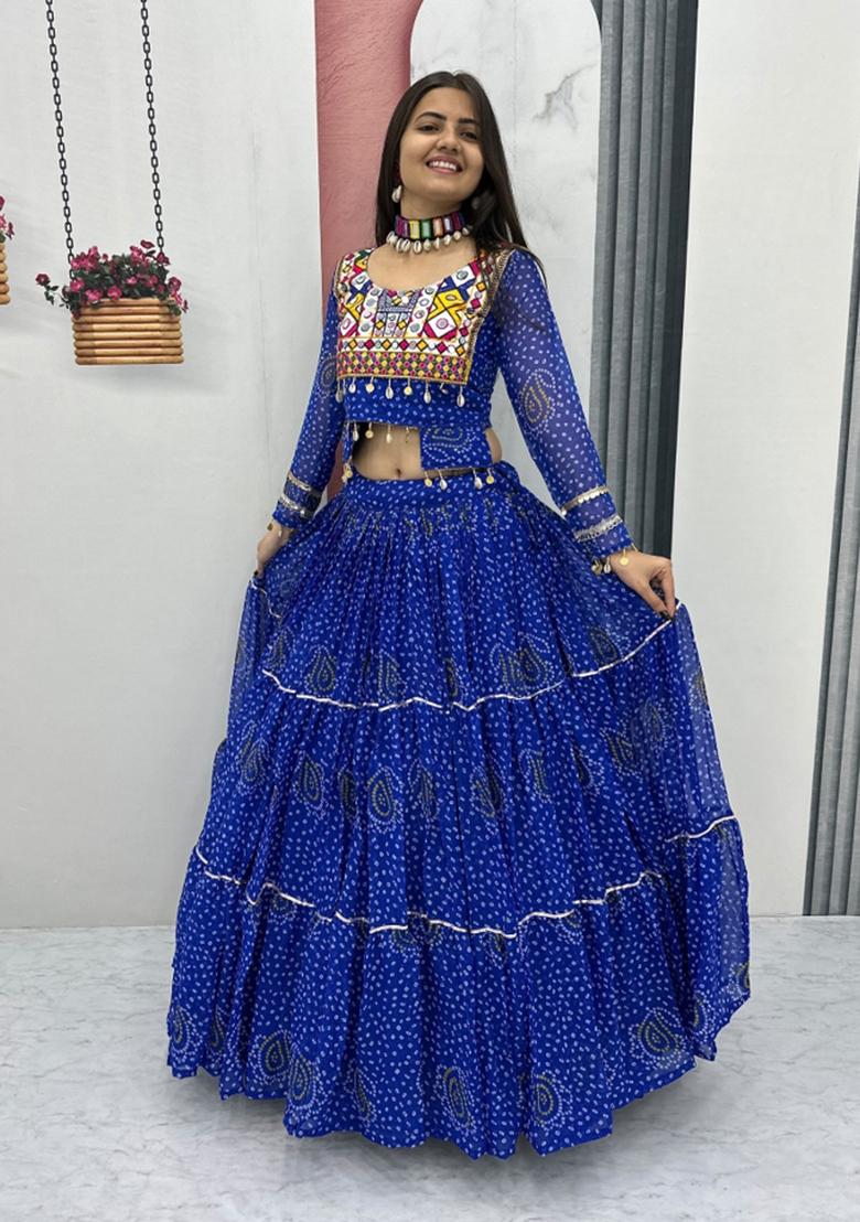 Royal Blue Embroidered Georgette Lehenga Set - Indya