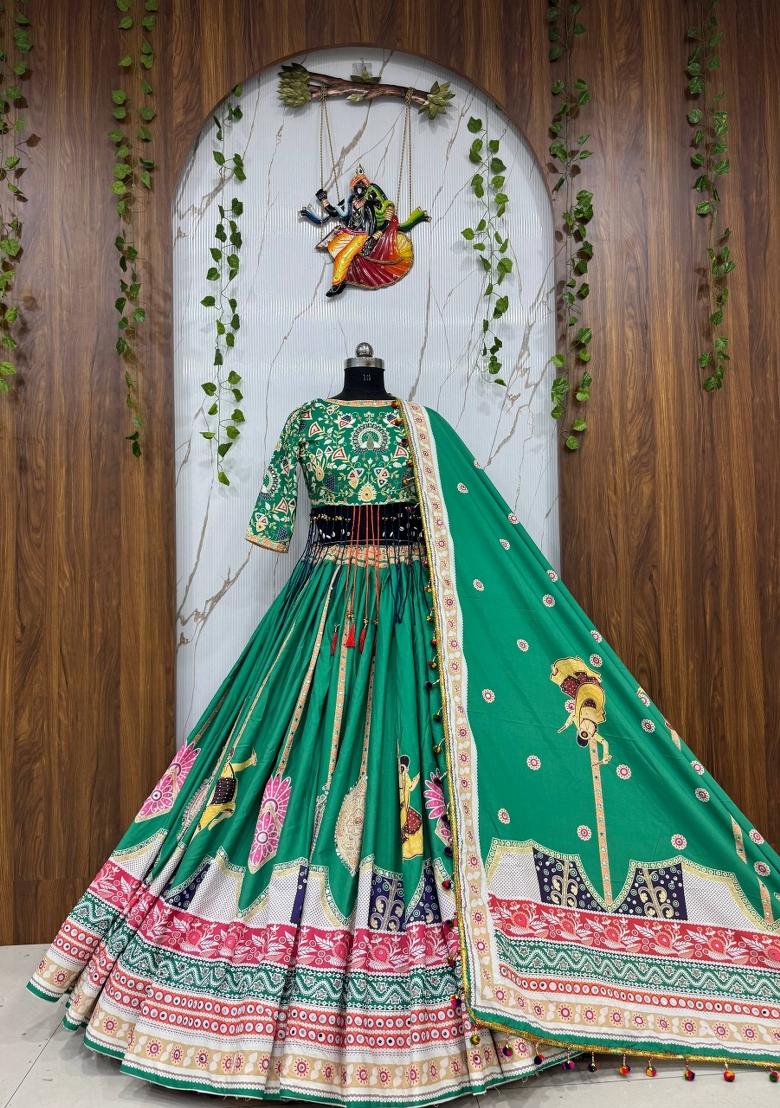Green Printed Cotton Lehenga Set - Indya