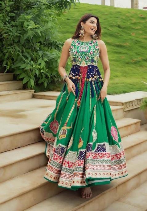 Green Printed Cotton Lehenga Set