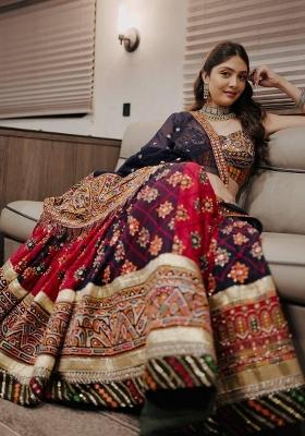 Black And Maroon Mirror Work Silk Lehenga Set