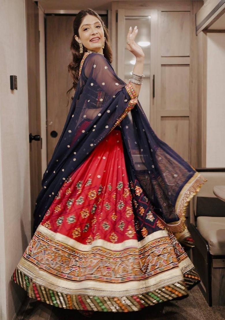 Black And Maroon Mirror Work Silk Lehenga Set - Indya