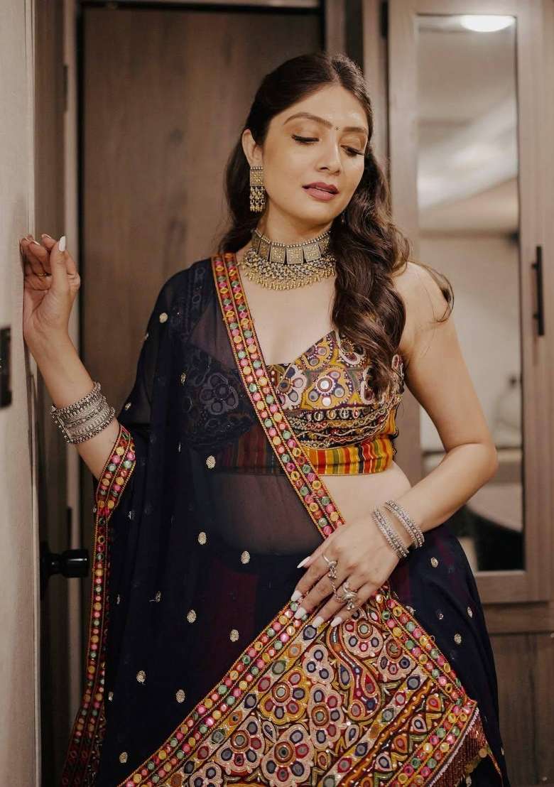 Black And Maroon Mirror Work Silk Chaniya Choli Set For Navratri And Garba - Indya
