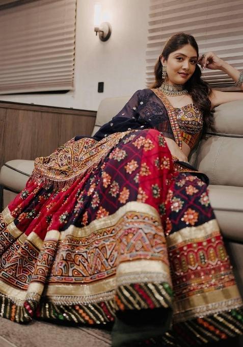 Black And Maroon Mirror Work Silk Chaniya Choli Set For Navratri And Garba