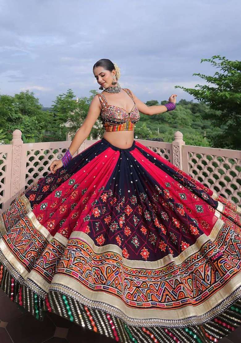 Black And Maroon Mirror Work Silk Chaniya Choli Set For Navratri And Garba - Indya