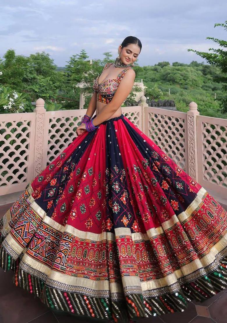 Black And Maroon Mirror Work Silk Lehenga Set - Indya