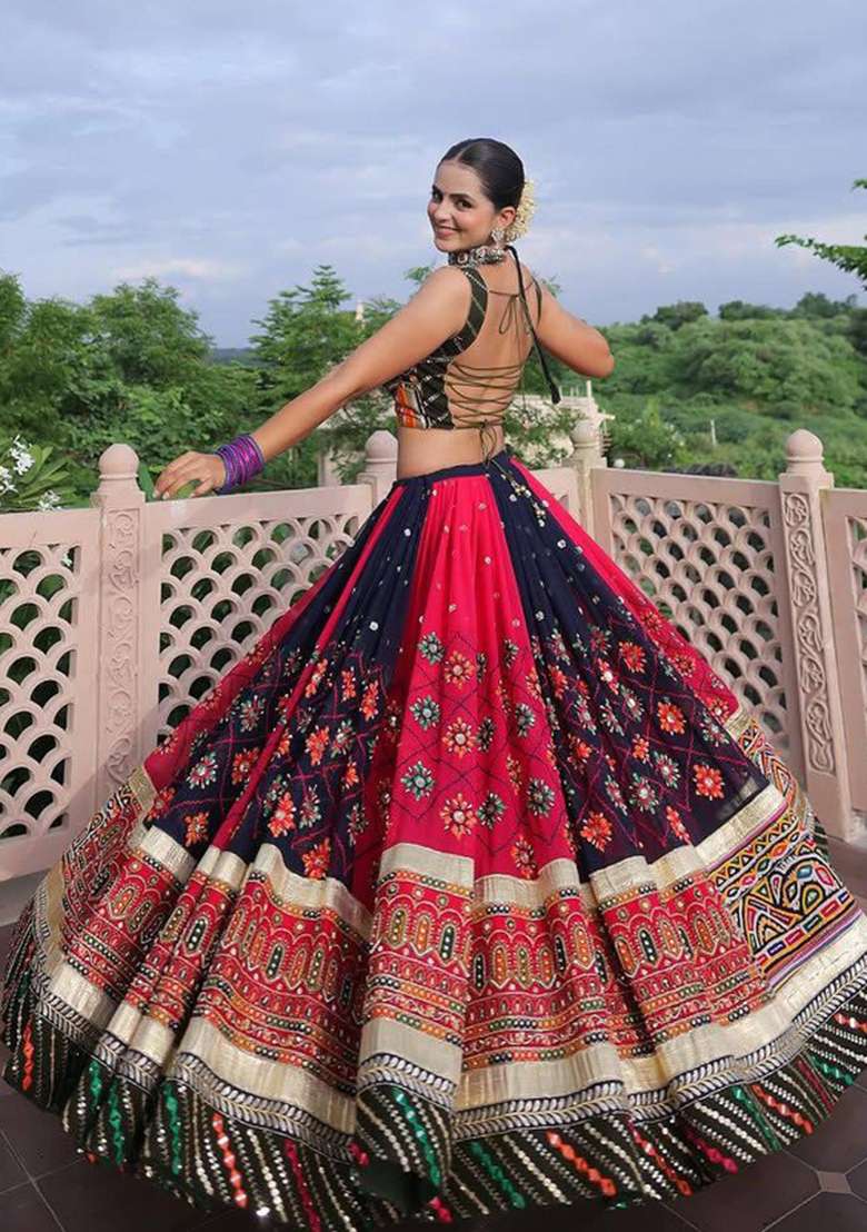 Black And Maroon Mirror Work Silk Chaniya Choli Set For Navratri And Garba - Indya