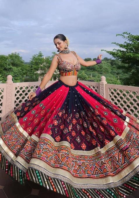 Black And Maroon Mirror Work Silk Chaniya Choli Set For Navratri And Garba