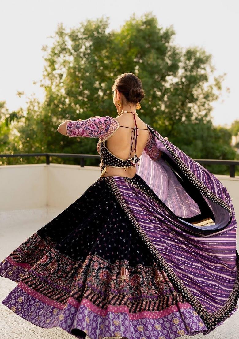 Lavender Mirror Work Silk Lehenga Set - Indya