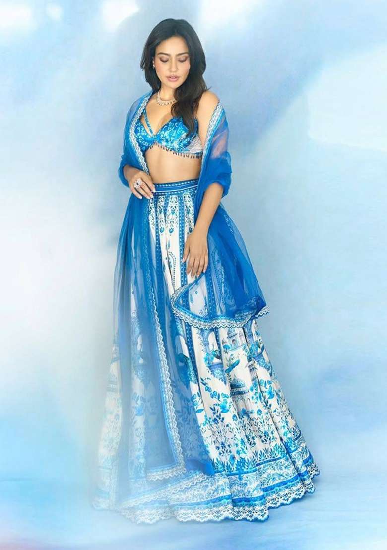 Sky Blue Cotton Lehenga Set with Mirror Work for Diwali | Wedding & Festive Wear - Indya