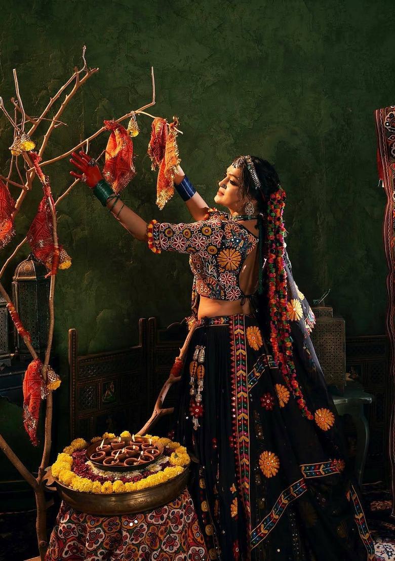 Black Mirror Work Cotton Lehenga Set - Indya