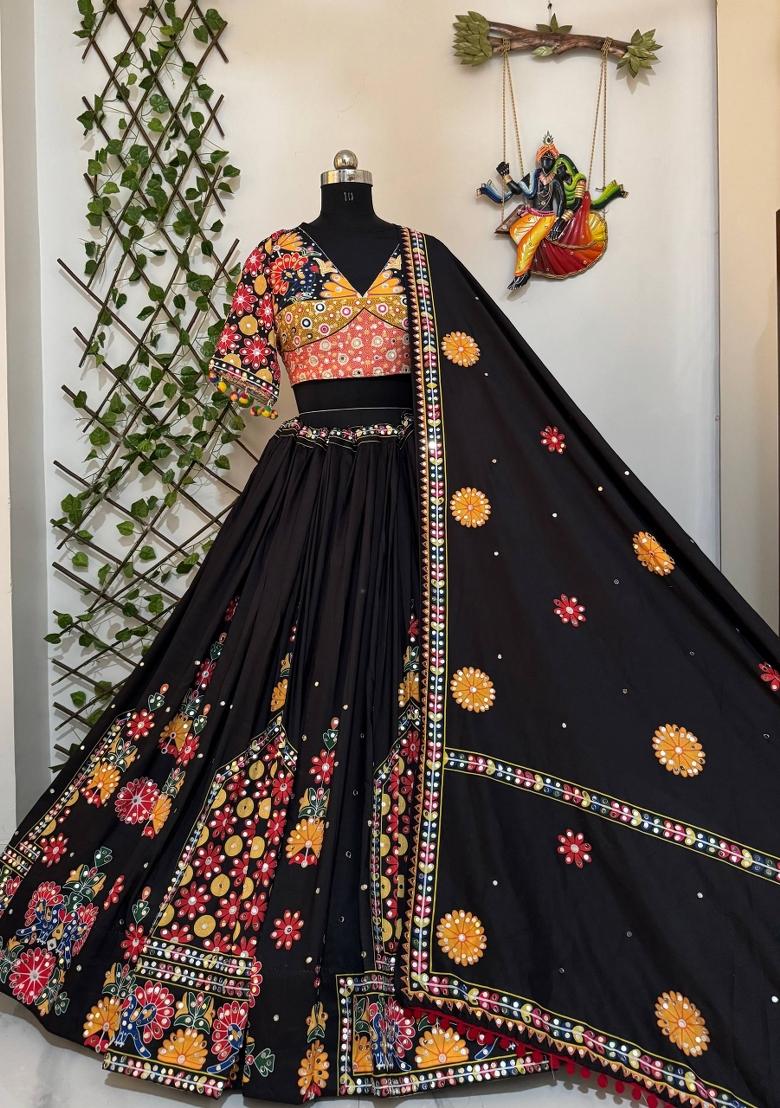 Black Mirror Work Cotton Lehenga Set - Indya