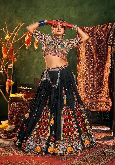 Black Mirror Work Cotton Lehenga Set