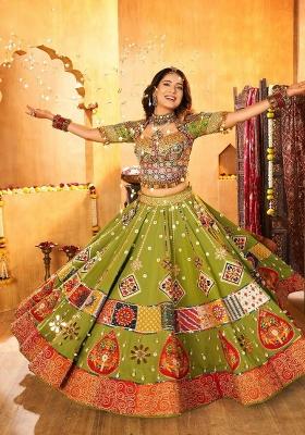 Parrot Mirror Work Cotton Lehenga Set