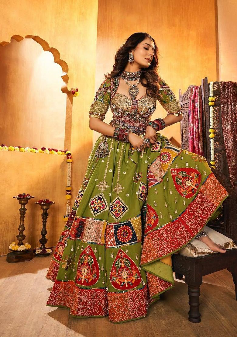 Parrot Mirror Work Cotton Lehenga Set - Indya