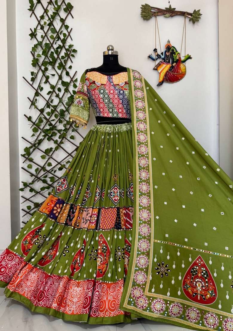 Parrot Mirror Work Cotton Lehenga Set - Indya