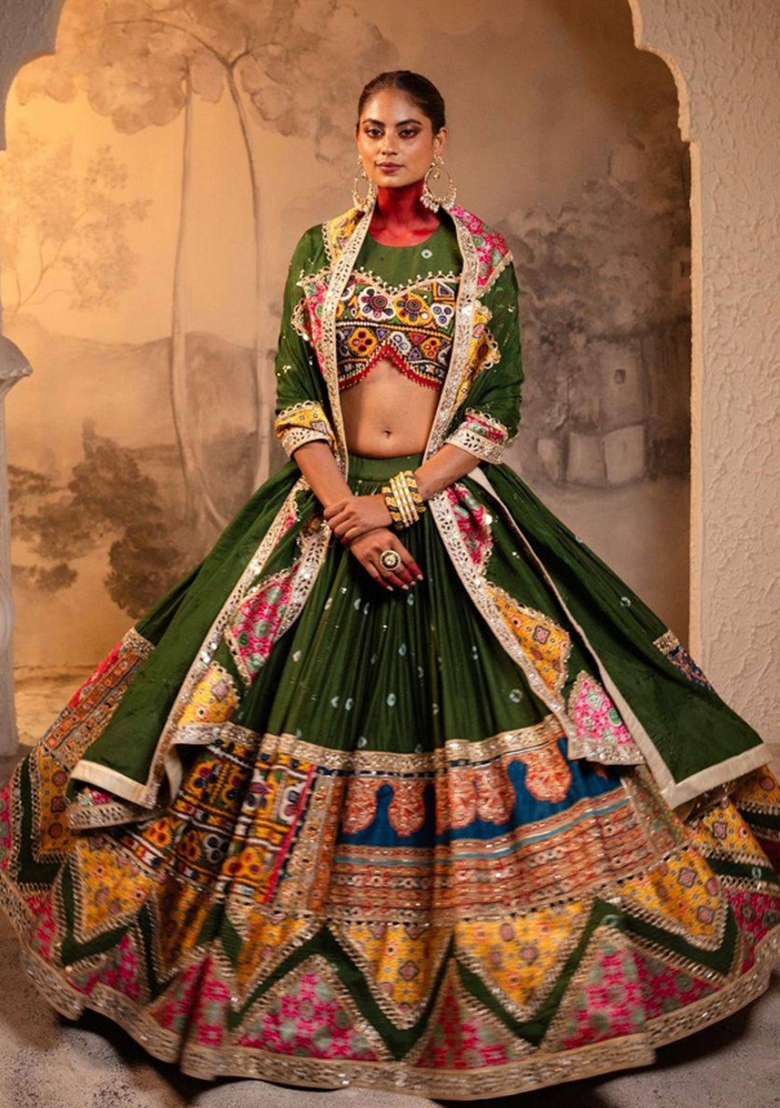 Green Mirror Work Cotton Lehenga Set for Diwali and Festive Wear - Indya