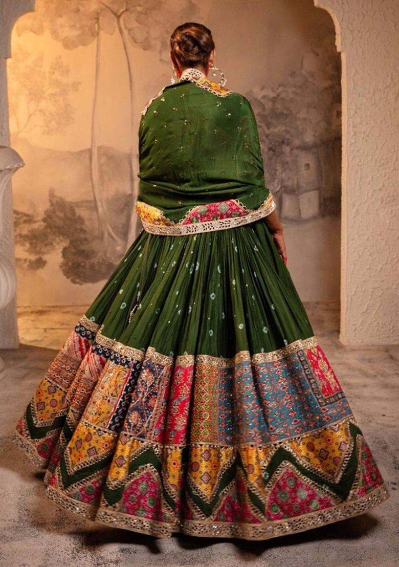 Green Mirror Work Cotton Lehenga Set - Indya
