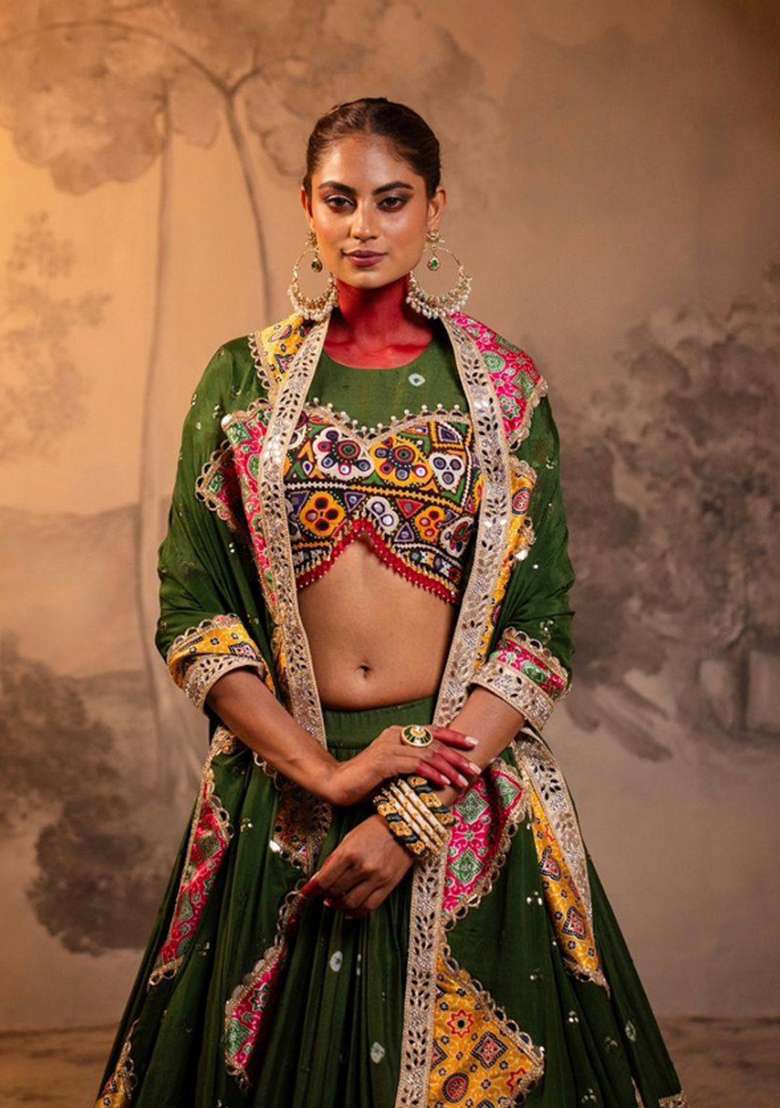 Green Mirror Work Cotton Lehenga Set for Diwali and Festive Wear - Indya
