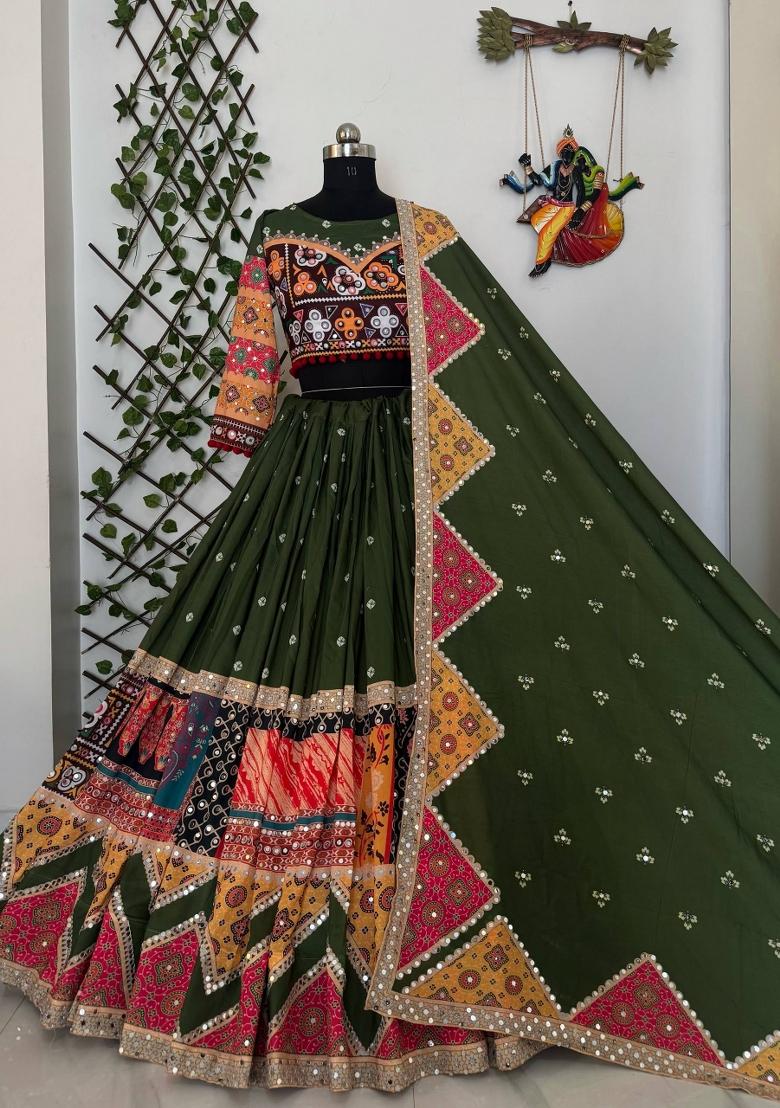 Green Mirror Work Cotton Lehenga Set - Indya