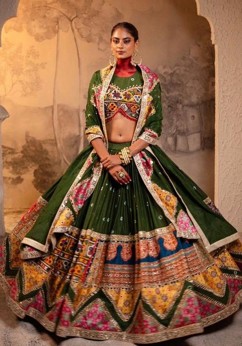Green Mirror Work Cotton Lehenga Set